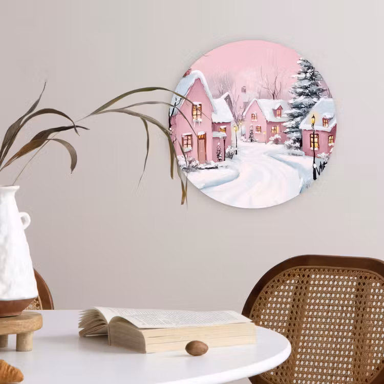 Kerstdorp - Roze - Winter - Sneeuw - Huizen Wandcirkel kunststof plaat 5mm dik klein -sfeer4