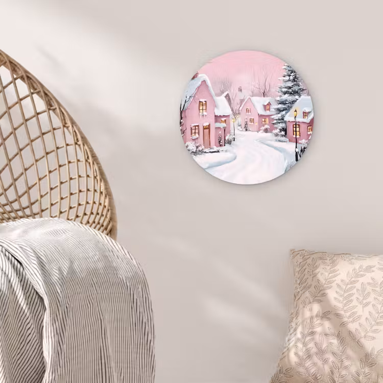 Kerstdorp - Roze - Winter - Sneeuw - Huizen Wandcirkel kunststof plaat 5mm dik klein -sfeer5