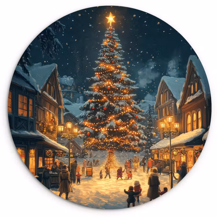 Kerstfeest - Dorp - Donker Wandcirkel kunststof plaat 5mm dik klein -3d