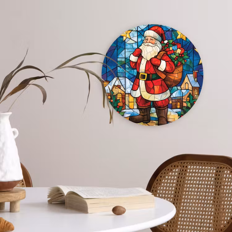 Kerstman - Glas - Kleurrijk Wandcirkel kunststof plaat 5mm dik klein -sfeer4