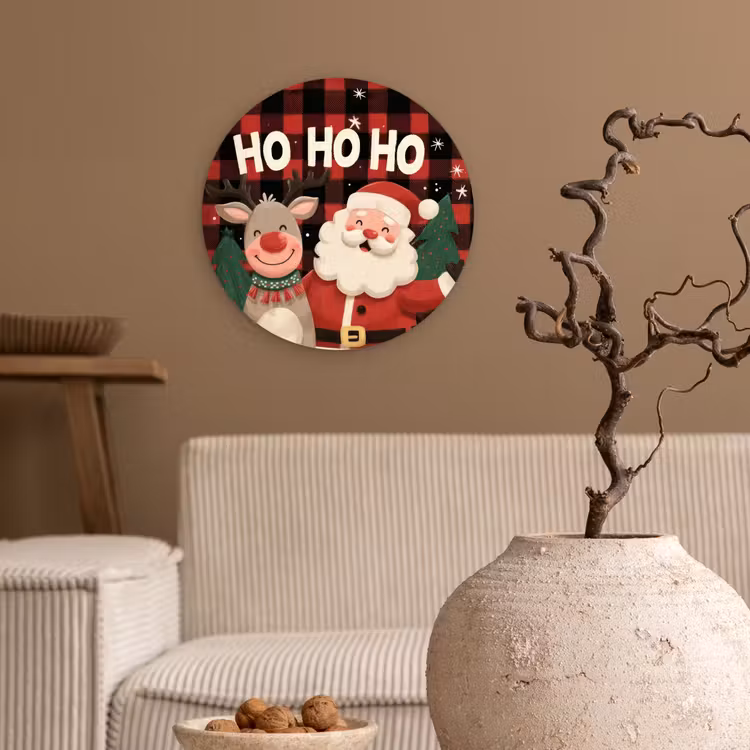 Kerstman - Rendier - Tekst - Rood - Zwart Wandcirkel kunststof plaat 5mm dik klein -sfeer1