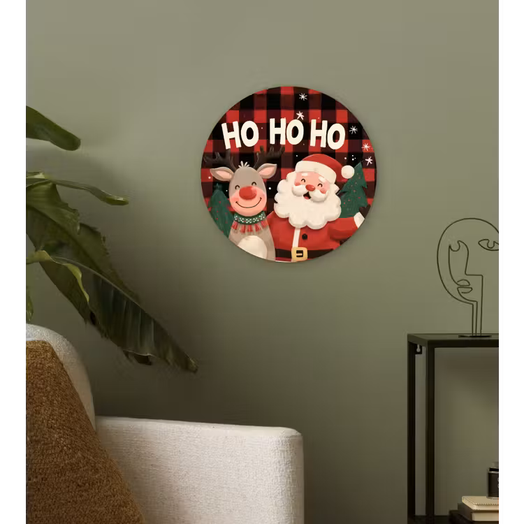 Kerstman - Rendier - Tekst - Rood - Zwart Wandcirkel kunststof plaat 5mm dik klein -sfeer3