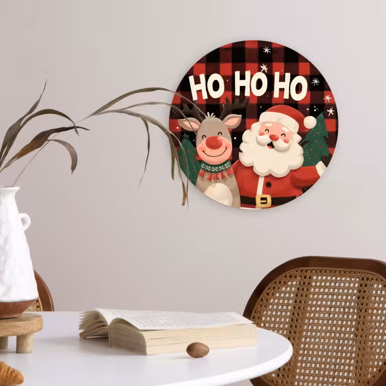 Kerstman - Rendier - Tekst - Rood - Zwart Wandcirkel kunststof plaat 5mm dik klein -sfeer4