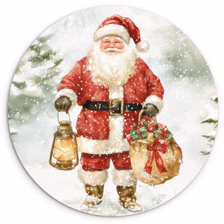 Kerstman- Winter - Sneeuw - Wit - Rood Wandcirkel kunststof plaat 5mm dik klein -3d