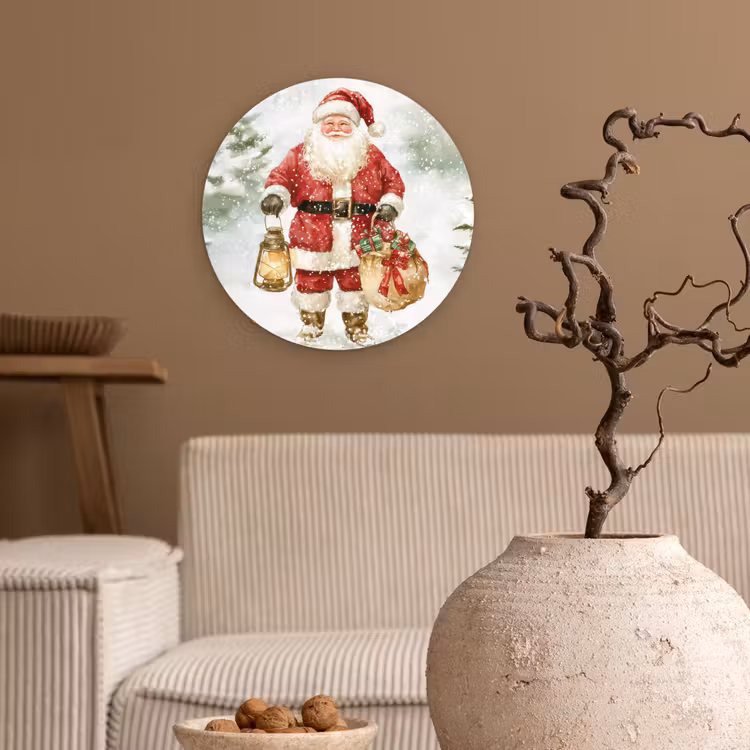 Kerstman- Winter - Sneeuw - Wit - Rood Wandcirkel kunststof plaat 5mm dik klein -sfeer1