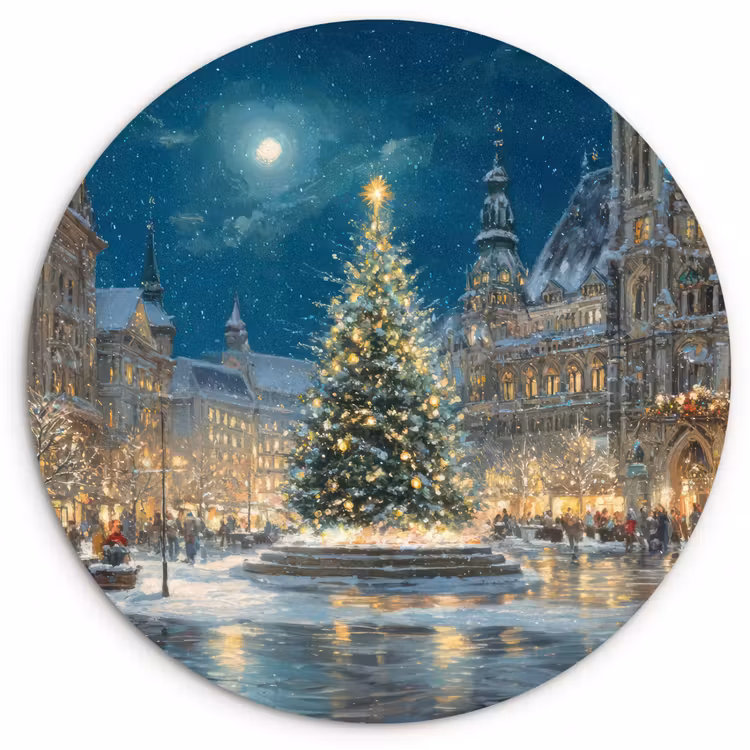 Kerstnacht - Stadsplein - Meerkleurig Wandcirkel kunststof plaat 5mm dik klein -3d
