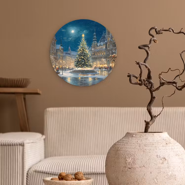 Kerstnacht - Stadsplein - Meerkleurig Wandcirkel kunststof plaat 5mm dik klein -sfeer1