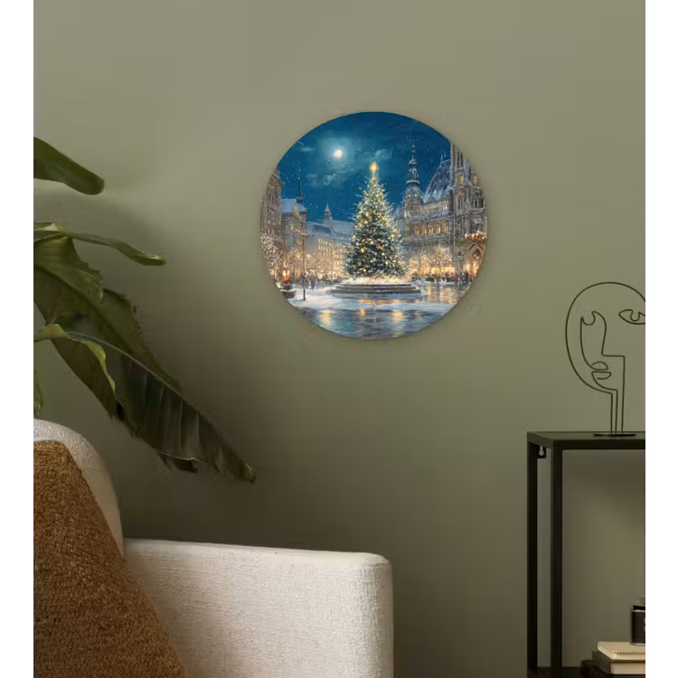 Kerstnacht - Stadsplein - Meerkleurig Wandcirkel kunststof plaat 5mm dik klein -sfeer3
