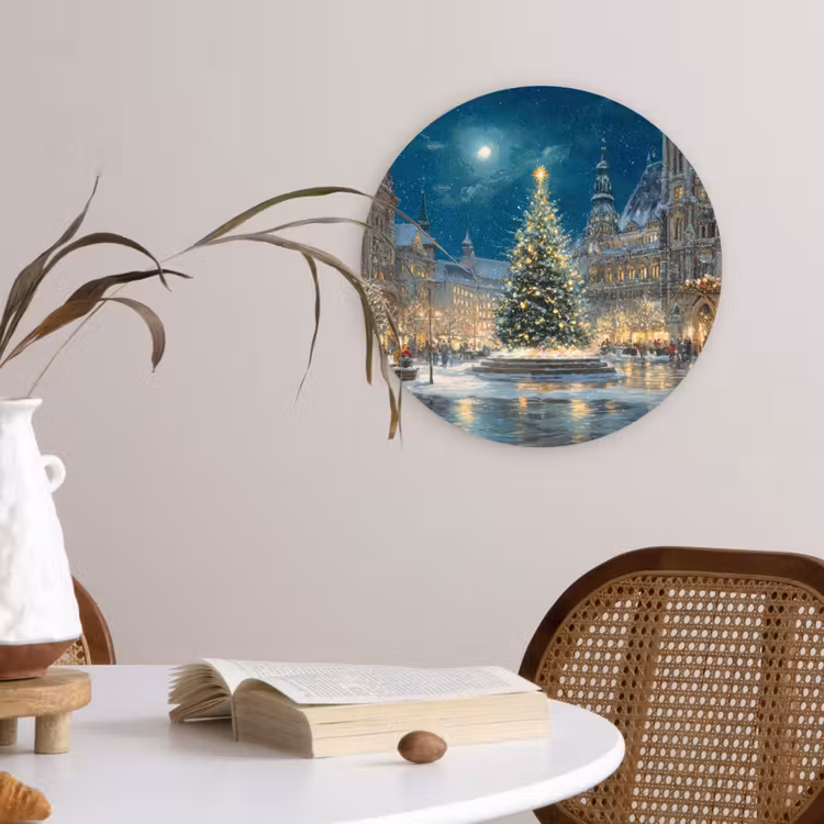 Kerstnacht - Stadsplein - Meerkleurig Wandcirkel kunststof plaat 5mm dik klein -sfeer4