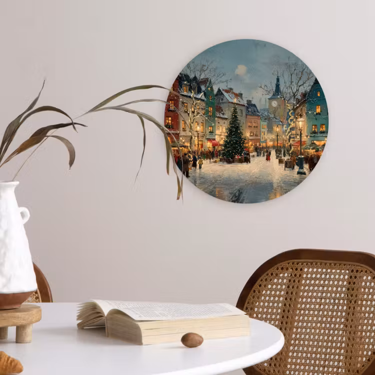 Kerstsfeer - Stadsplein - Kleurrijk Wandcirkel kunststof plaat 5mm dik klein -sfeer4