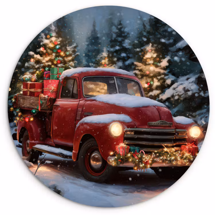 Kersttruck - Sneeuwbos - Rood Wandcirkel kunststof plaat 5mm dik klein -3d