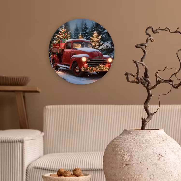 Kersttruck - Sneeuwbos - Rood Wandcirkel kunststof plaat 5mm dik klein -sfeer1