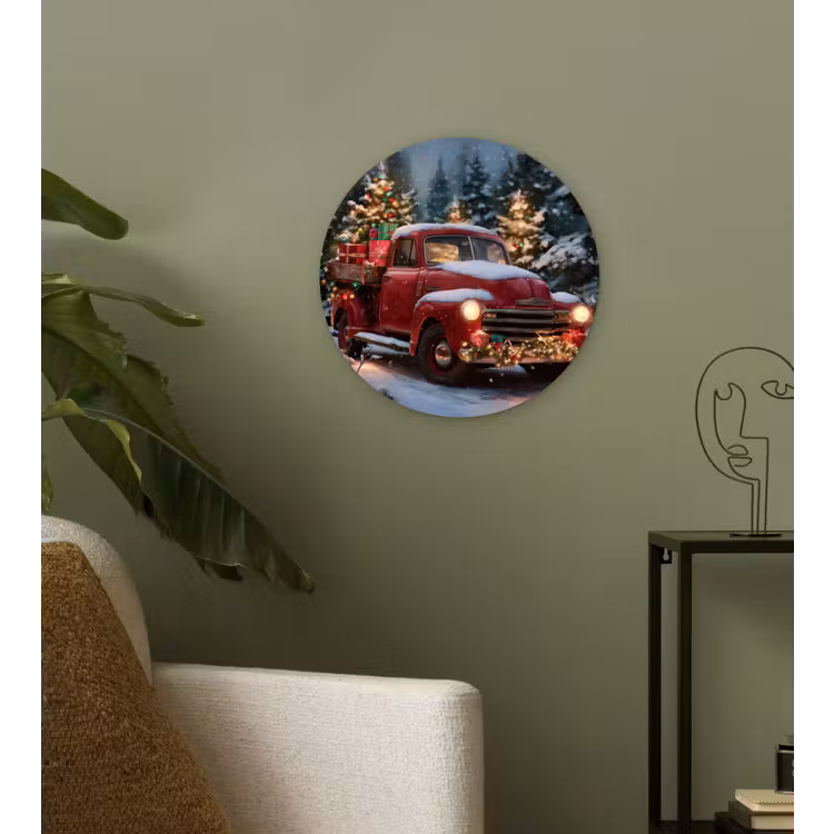 Kersttruck - Sneeuwbos - Rood Wandcirkel kunststof plaat 5mm dik klein -sfeer3