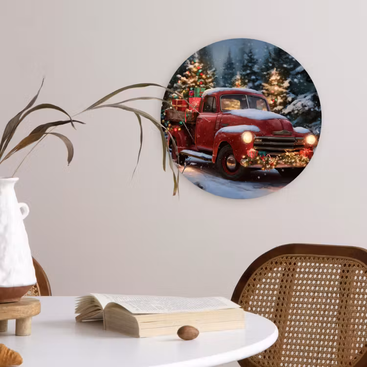 Kersttruck - Sneeuwbos - Rood Wandcirkel kunststof plaat 5mm dik klein -sfeer4