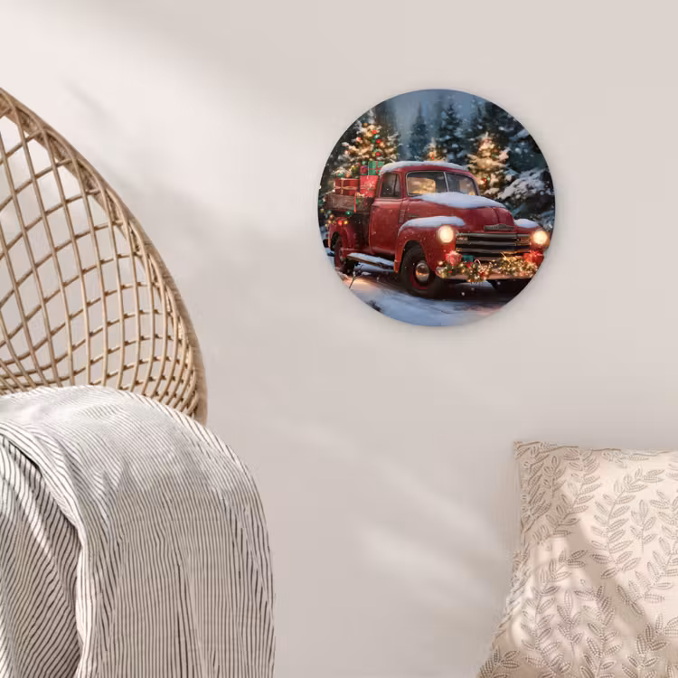Kersttruck - Sneeuwbos - Rood Wandcirkel kunststof plaat 5mm dik klein -sfeer5