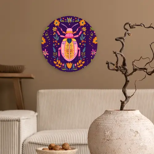 Kever - Felgekleurd - Bloemen - Bladeren Wandcirkel kunststof plaat 5mm dik klein -sfeer1