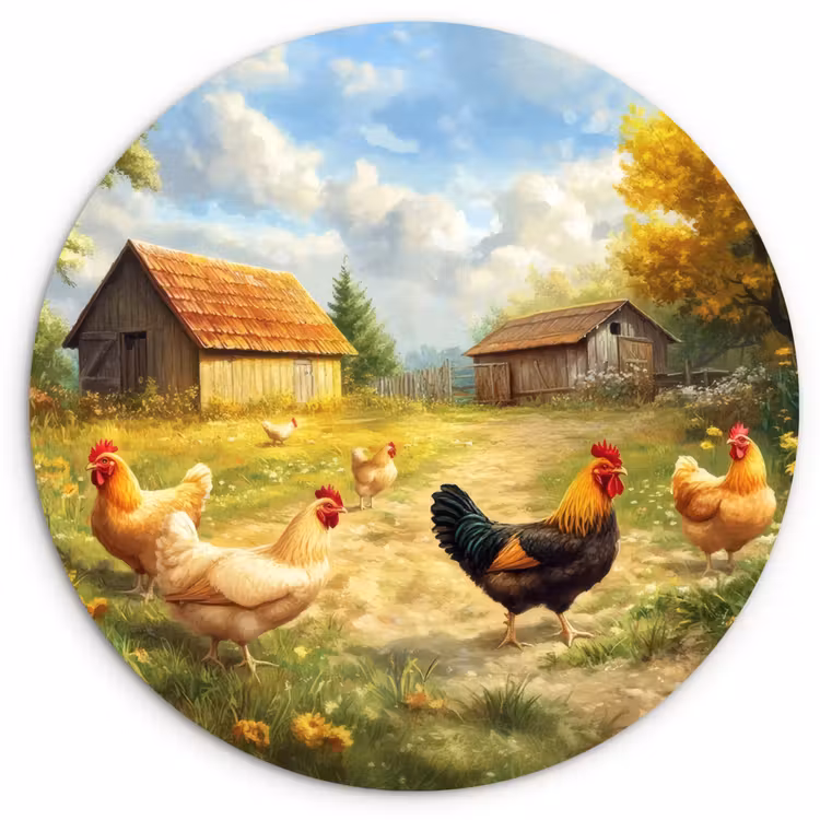 Kippen - Landelijke rust - Natuur Wandcirkel kunststof plaat 5mm dik klein -3d