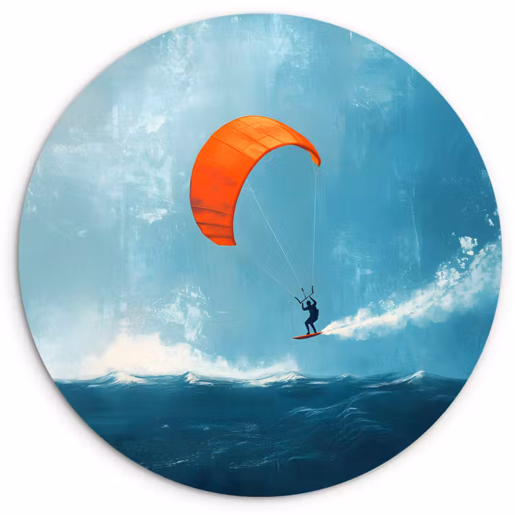 Kitesurfer - Oranje - Zee - Lucht Wandcirkel kunststof plaat 5mm dik klein -3d