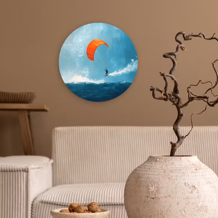 Kitesurfer - Oranje - Zee - Lucht Wandcirkel kunststof plaat 5mm dik klein -sfeer1