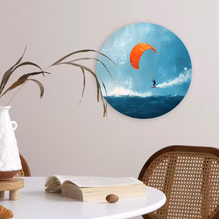 Kitesurfer - Oranje - Zee - Lucht Wandcirkel kunststof plaat 5mm dik klein -sfeer4