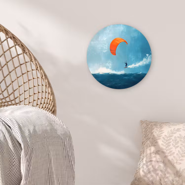 Kitesurfer - Oranje - Zee - Lucht Wandcirkel kunststof plaat 5mm dik klein -sfeer5