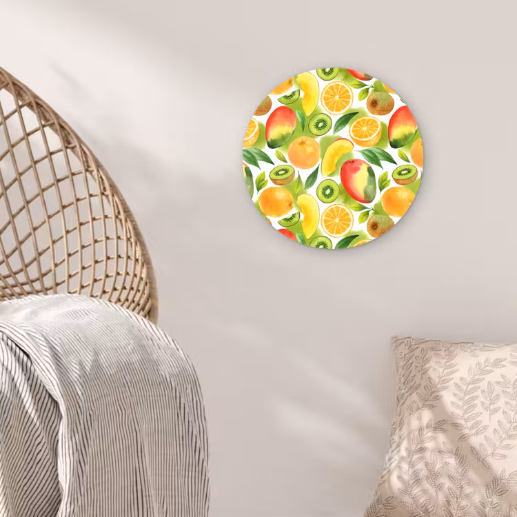 Kiwi - Sinasappel - Mango - Perzik Wandcirkel kunststof plaat 5mm dik klein 188 -sfeer5