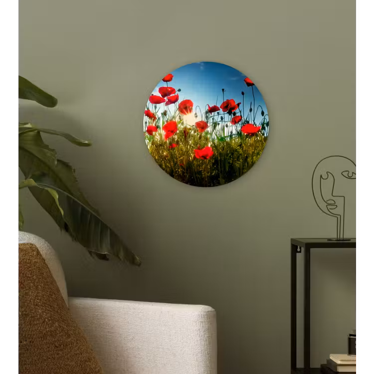 Klaprozen - Toscane - Zon - Rood - Blauw Wandcirkel kunststof plaat 5mm dik klein -sfeer3