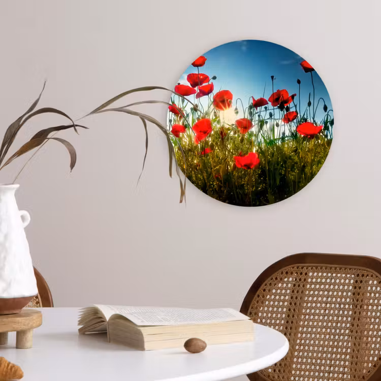 Klaprozen - Toscane - Zon - Rood - Blauw Wandcirkel kunststof plaat 5mm dik klein -sfeer4
