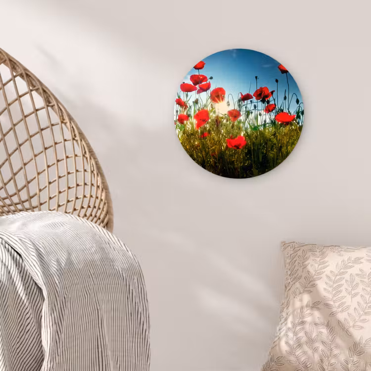 Klaprozen - Toscane - Zon - Rood - Blauw Wandcirkel kunststof plaat 5mm dik klein -sfeer5