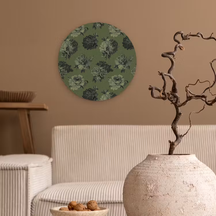 Klassiek - botanisch - olijfgroen - bloemen Wandcirkel kunststof plaat 5mm dik klein 188 -sfeer1