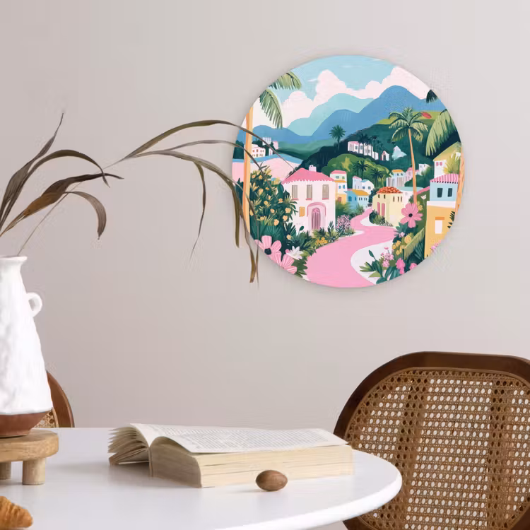 Kleurrijk - Huizen - Heuvels - Roze Wandcirkel kunststof plaat 5mm dik klein -sfeer4