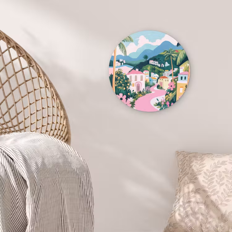 Kleurrijk - Huizen - Heuvels - Roze Wandcirkel kunststof plaat 5mm dik klein -sfeer5