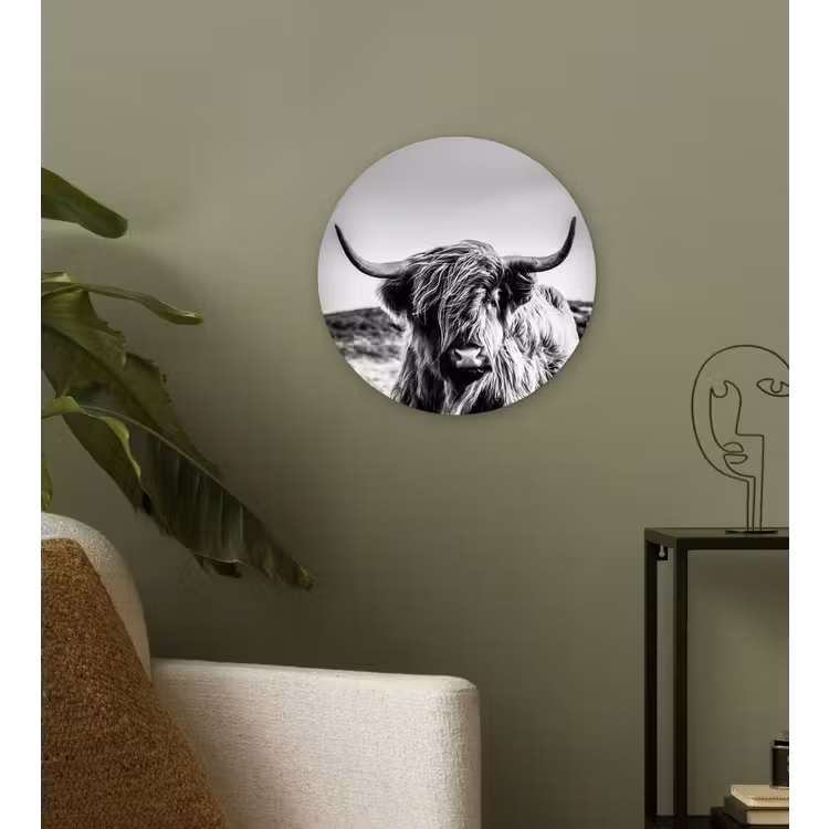Koe - Schotse hooglander - Zwart - Wit - Dier - Natuur - Wild Wandcirkel kunststof plaat 5mm dik klein -sfeer3