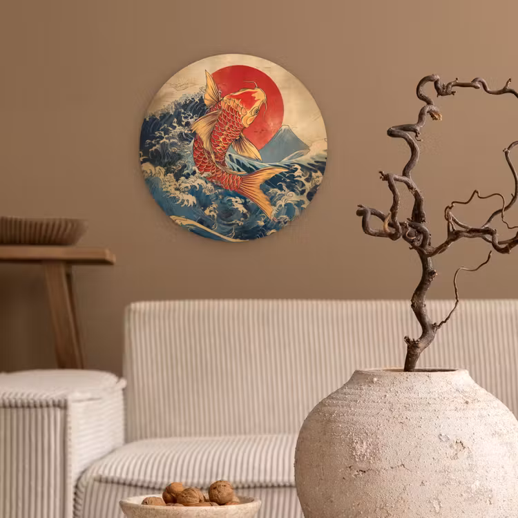 Koi - Zee - Golven - Zon Wandcirkel kunststof plaat 5mm dik klein -sfeer1