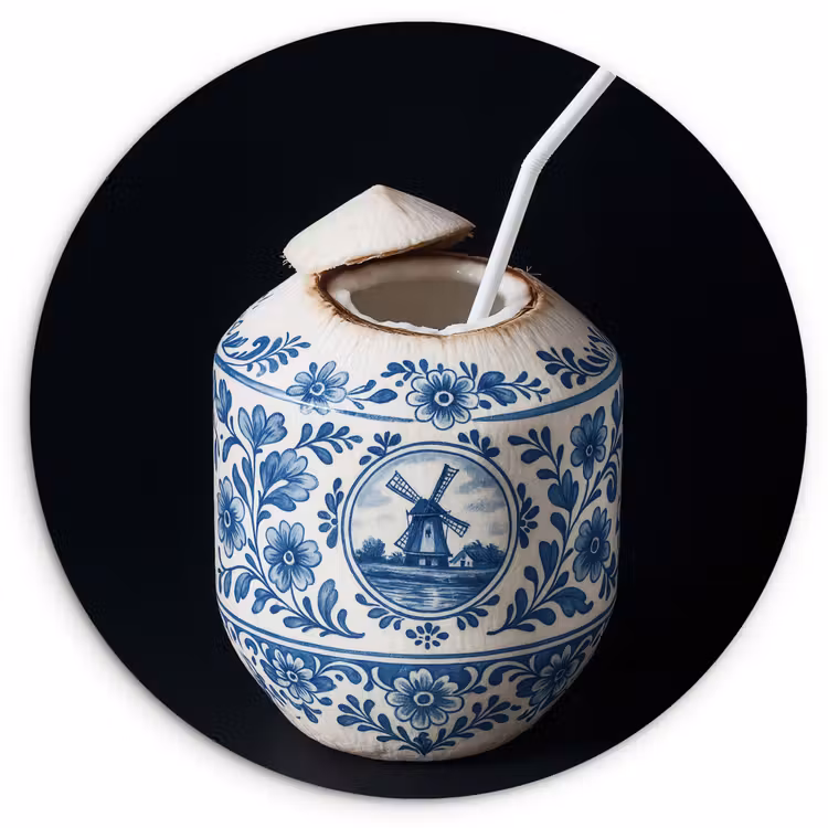 Kokosnoot - Eten - Delfts blauw - Drinken Wandcirkel kunststof plaat 5mm dik klein -3d