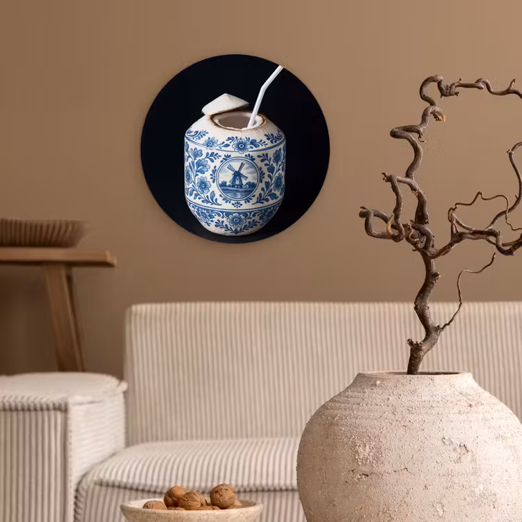 Kokosnoot - Eten - Delfts blauw - Drinken Wandcirkel kunststof plaat 5mm dik klein -sfeer1