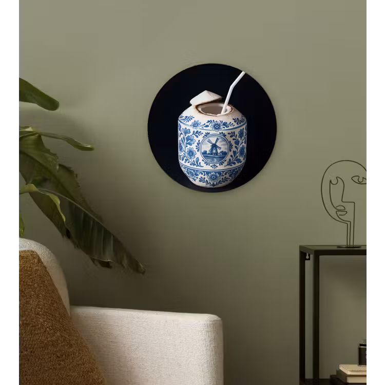 Kokosnoot - Eten - Delfts blauw - Drinken Wandcirkel kunststof plaat 5mm dik klein -sfeer3