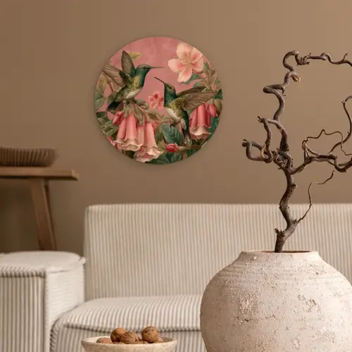 Kolibries - Bloemen - Groen - Roze Wandcirkel kunststof plaat 5mm dik klein -sfeer1