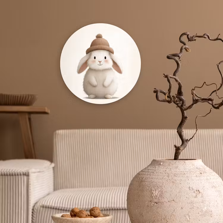 Konijn - Muts - Oren - Beige Wandcirkel kunststof plaat 5mm dik klein -sfeer1