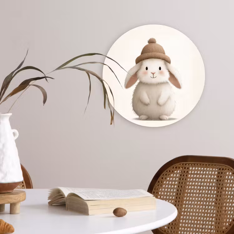 Konijn - Muts - Oren - Beige Wandcirkel kunststof plaat 5mm dik klein -sfeer4