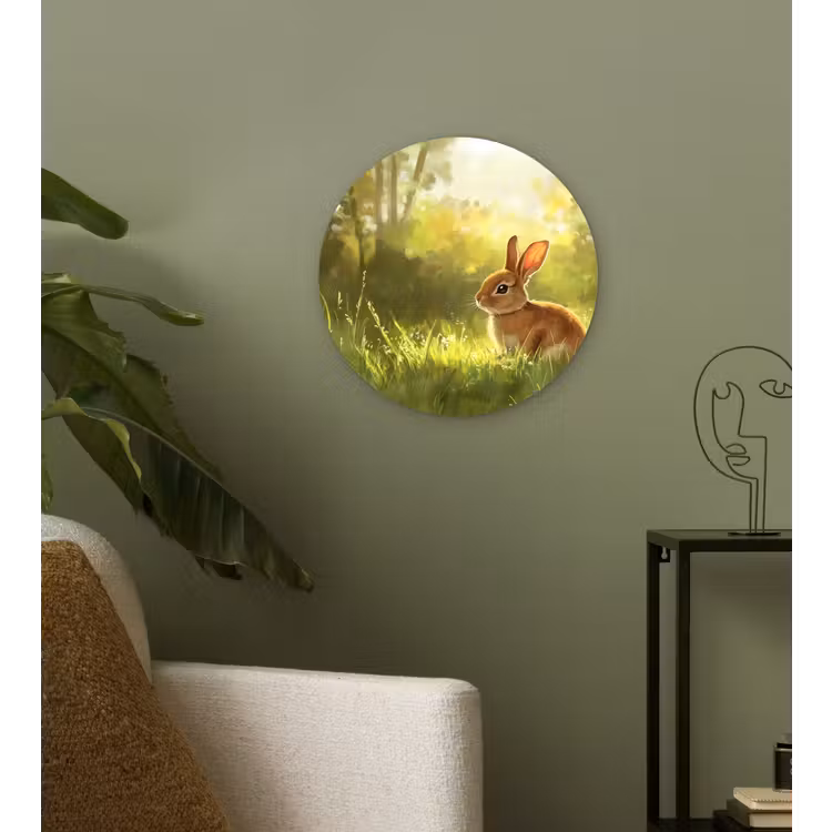 Konijn - Zonlicht - Bos Wandcirkel kunststof plaat 5mm dik klein -sfeer3