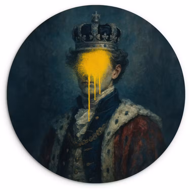 Koning - Portret - Druipende gele verf Wandcirkel kunststof plaat 5mm dik klein -3d