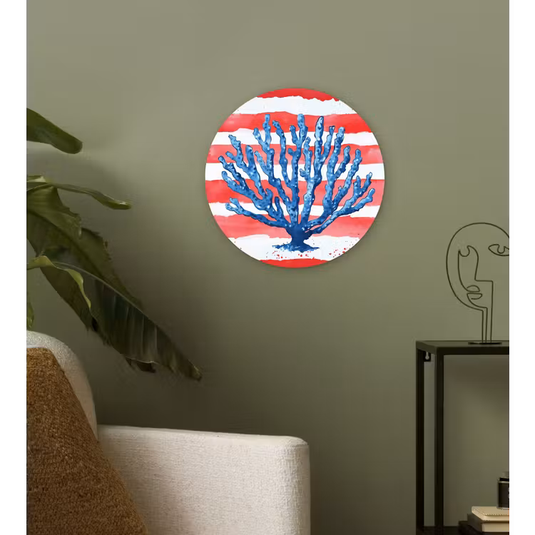 Koraal - Verfstructuur - Rood - Blauw Wandcirkel kunststof plaat 5mm dik klein -sfeer3