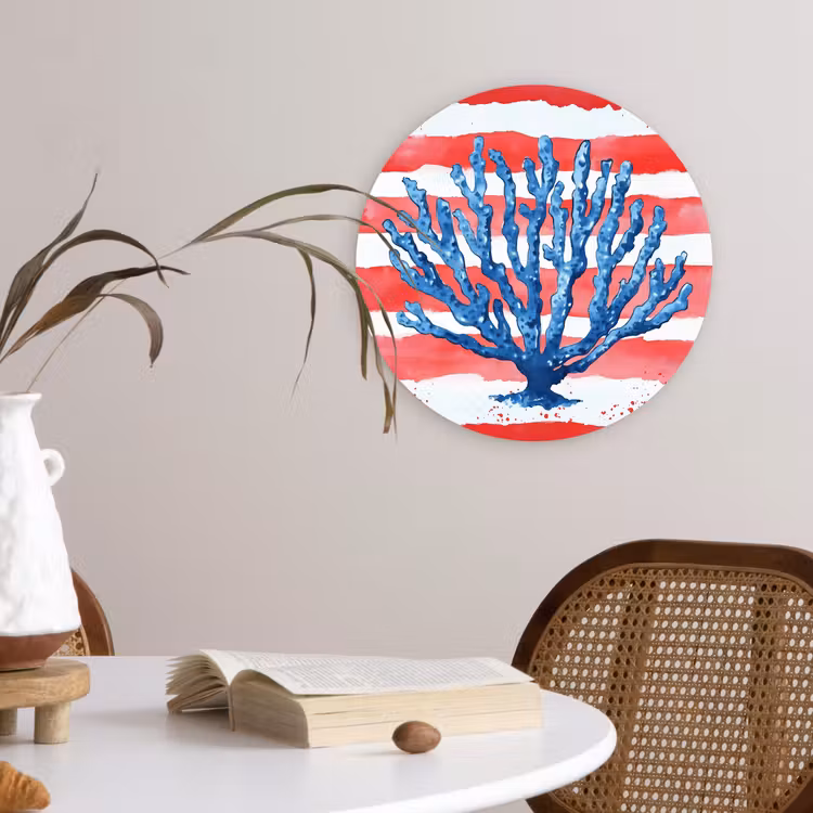 Koraal - Verfstructuur - Rood - Blauw Wandcirkel kunststof plaat 5mm dik klein -sfeer4