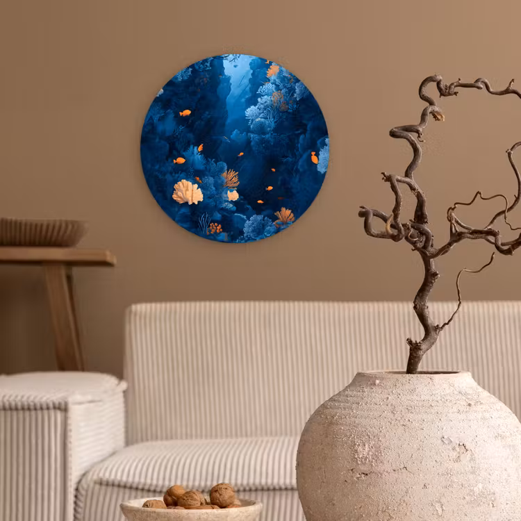 Koraalrif - Vissen - Oceaan - Blauw Wandcirkel kunststof plaat 5mm dik klein -sfeer1