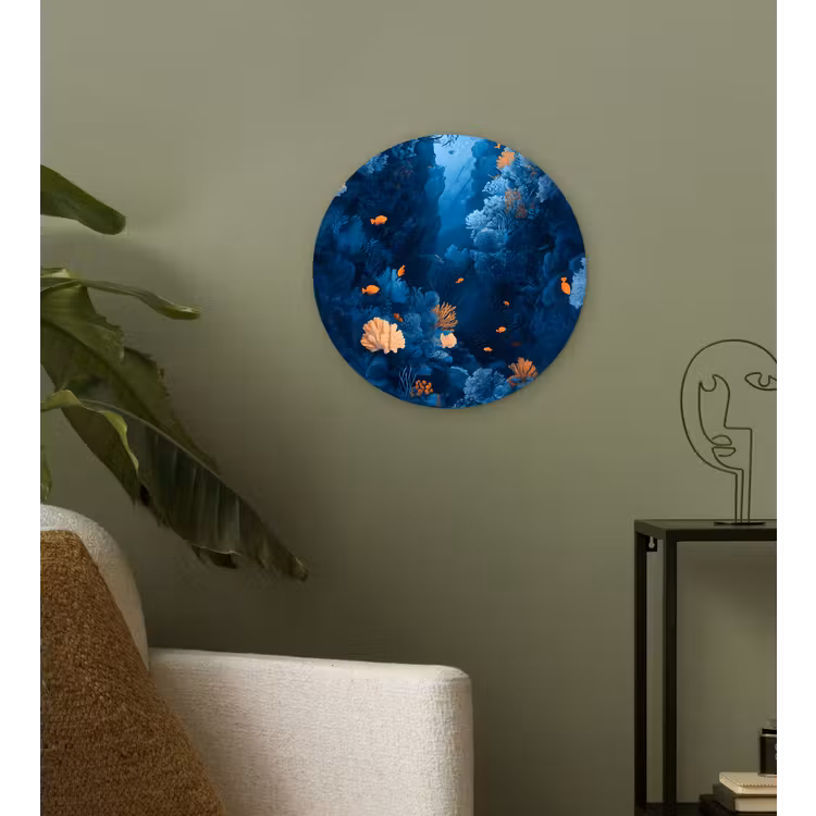 Koraalrif - Vissen - Oceaan - Blauw Wandcirkel kunststof plaat 5mm dik klein -sfeer3