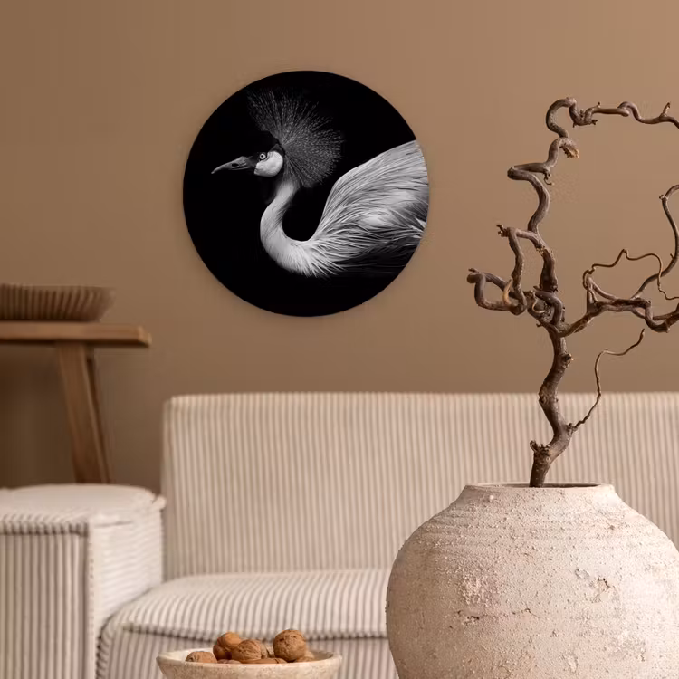 Kraanvogel - Zwart - Wit - Vogel - Dieren Wandcirkel kunststof plaat 5mm dik klein -sfeer1