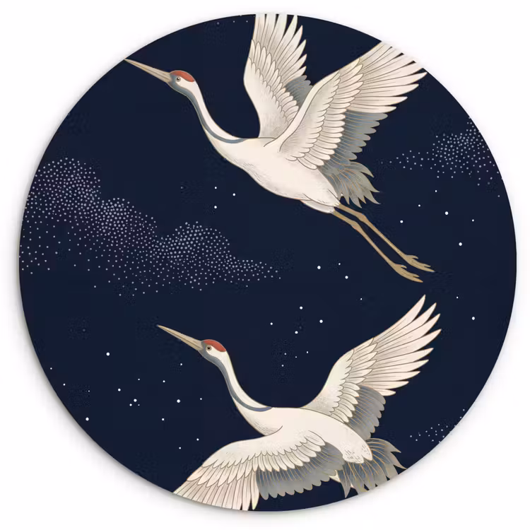 Kraanvogels - Nachthemel - Blauw Wandcirkel kunststof plaat 5mm dik klein -3d