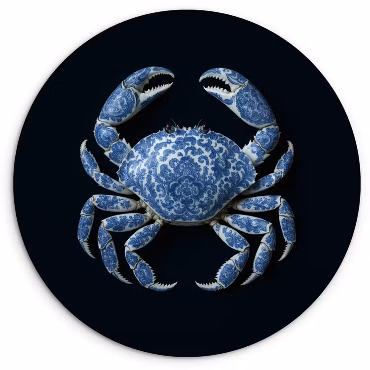 Krab - Delfts blauw - Dieren Wandcirkel kunststof plaat 5mm dik klein -3d