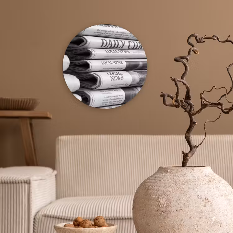 Krant - Stapel - Nieuws - Zwart-wit - Media Wandcirkel kunststof plaat 5mm dik klein -sfeer1
